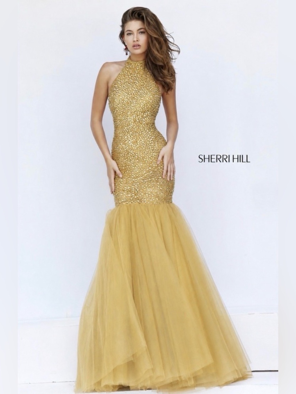 Sherri Hill Gold Rhinestone Mermaid Gown Size 2 NWT Prom Pageant Formal
